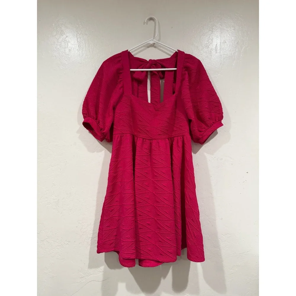 Free People Pink Jacquard Puff Sleeve Mini Dress Square Neck Tie Back Size M